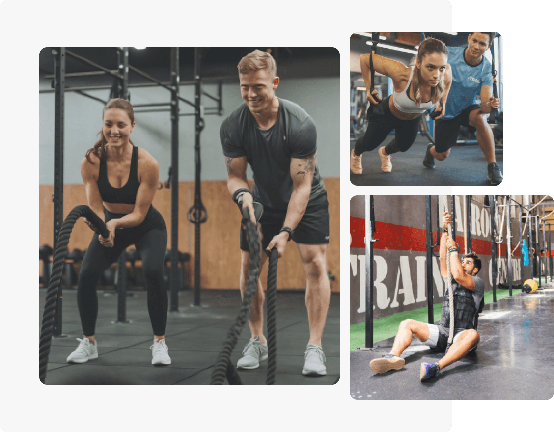 Salle de CrossFit spacieuse avec des athlètes de différents niveaux, ambiance dynamique et professionnelle
