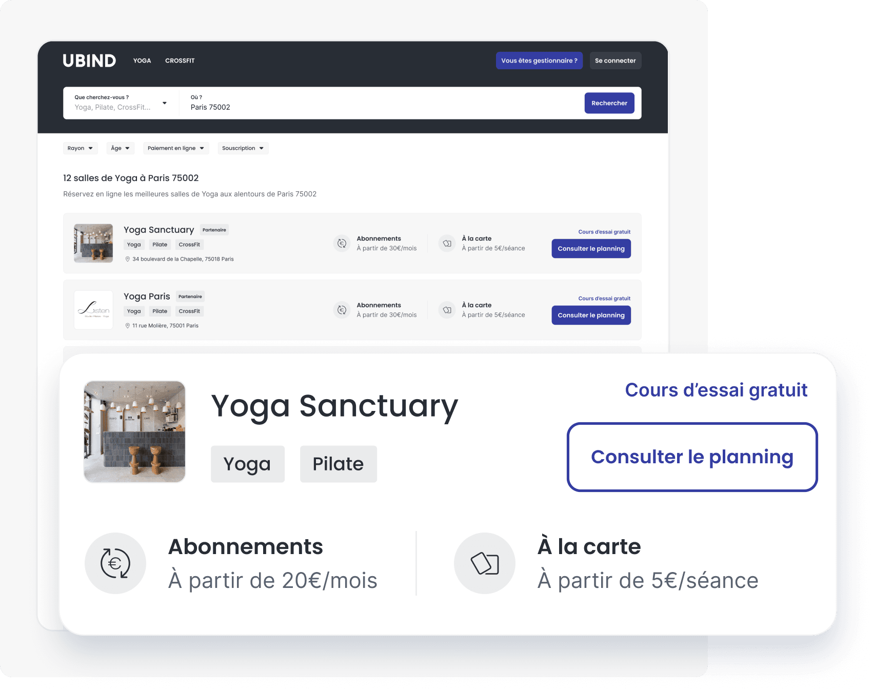 Interface de gestion de salle de sport montrant des statistiques de fréquentation et de réservations