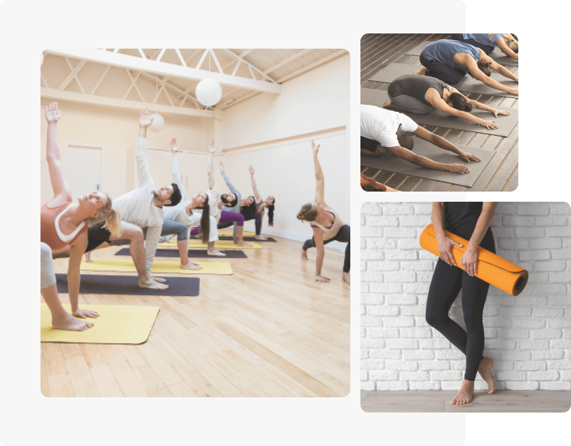 Salle de yoga spacieuse avec des pratiquants de différents niveaux, ambiance chaleureuse et professionnelle