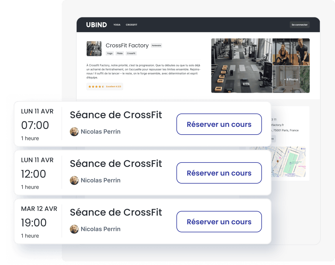 Application mobile montrant le processus de réservation simplifié pour un WOD