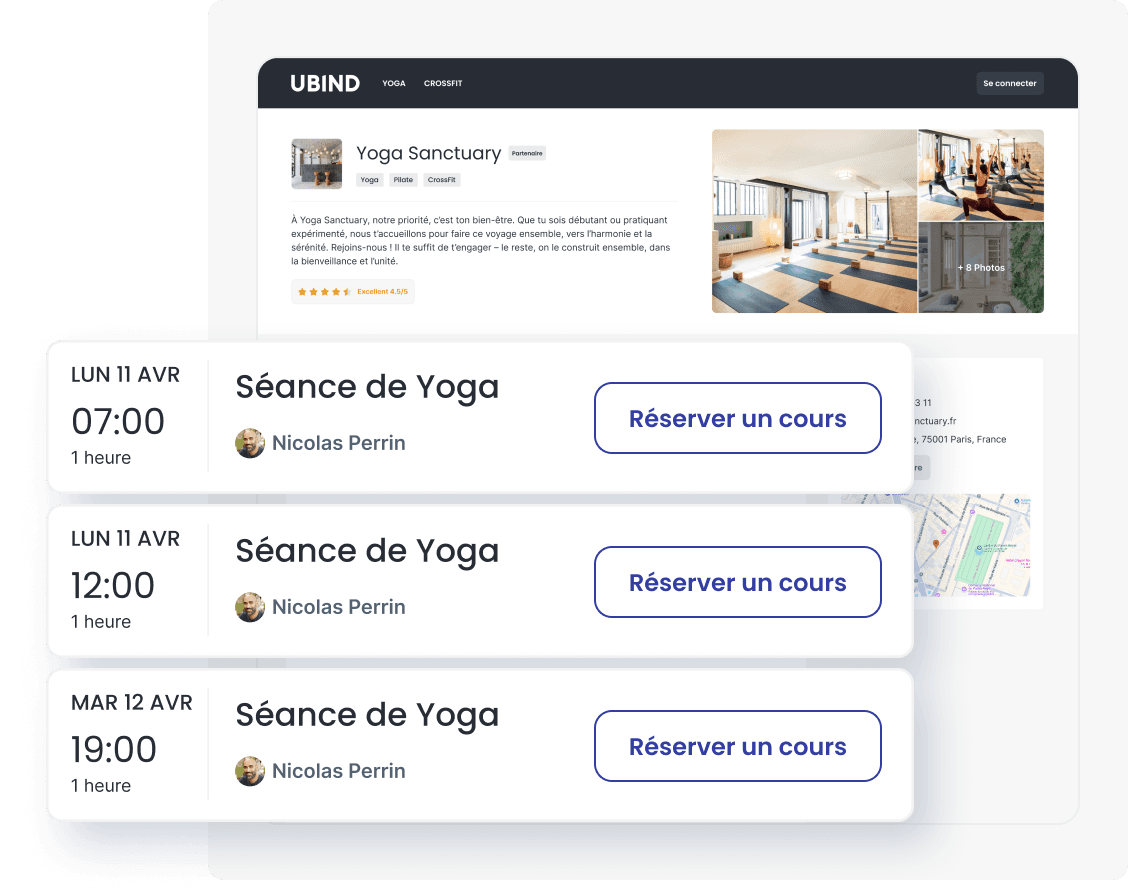 Application mobile montrant le processus de réservation simplifié pour un cours de yoga