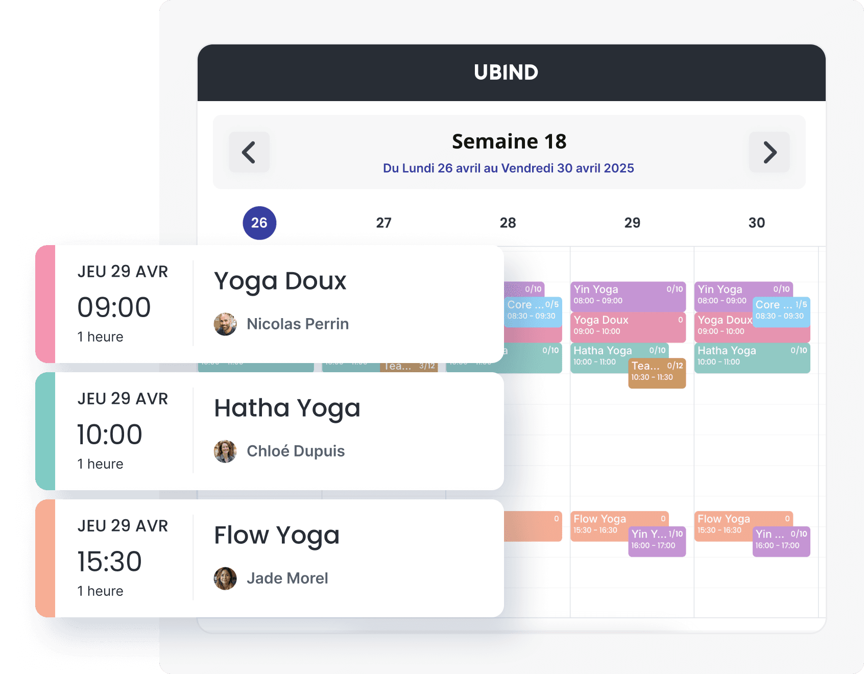Calendrier de gestion des séances avec vue d'ensemble des réservations et des coachs
